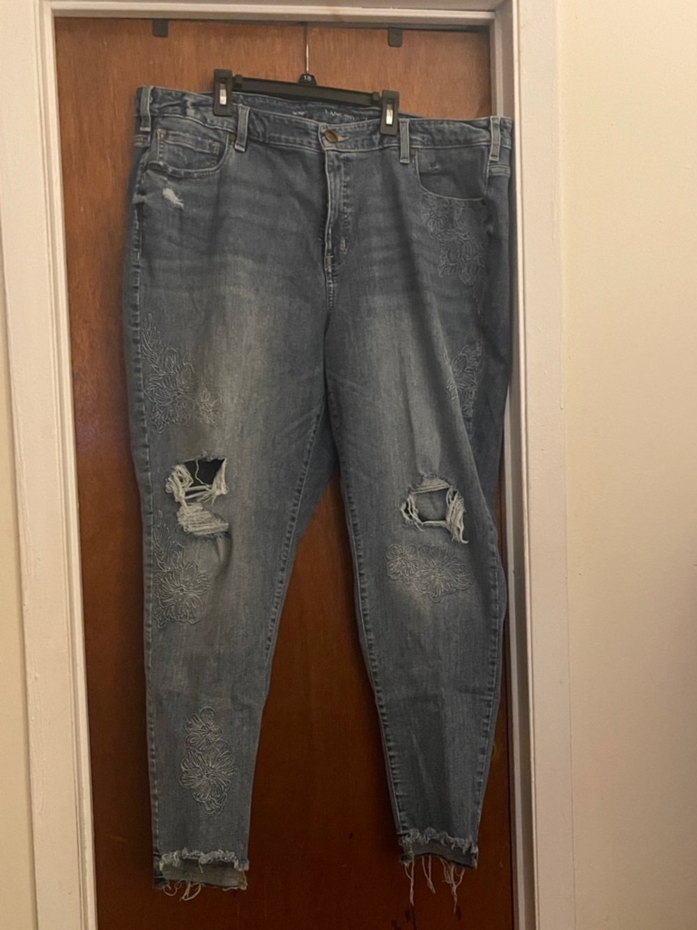 Lane Bryant Light Blue Skinny Jeans with Distressed Knees & Embroidery